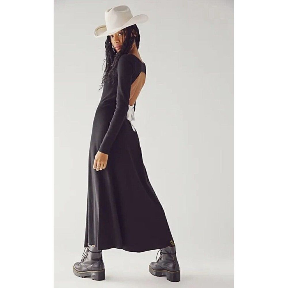 NWT FREE PEOPLE TUPELO HONEY MAXI DRESS LONG SLEEVE OPEN BACK BLACK